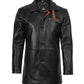 Men's black leather coat with brown trim, collar detail