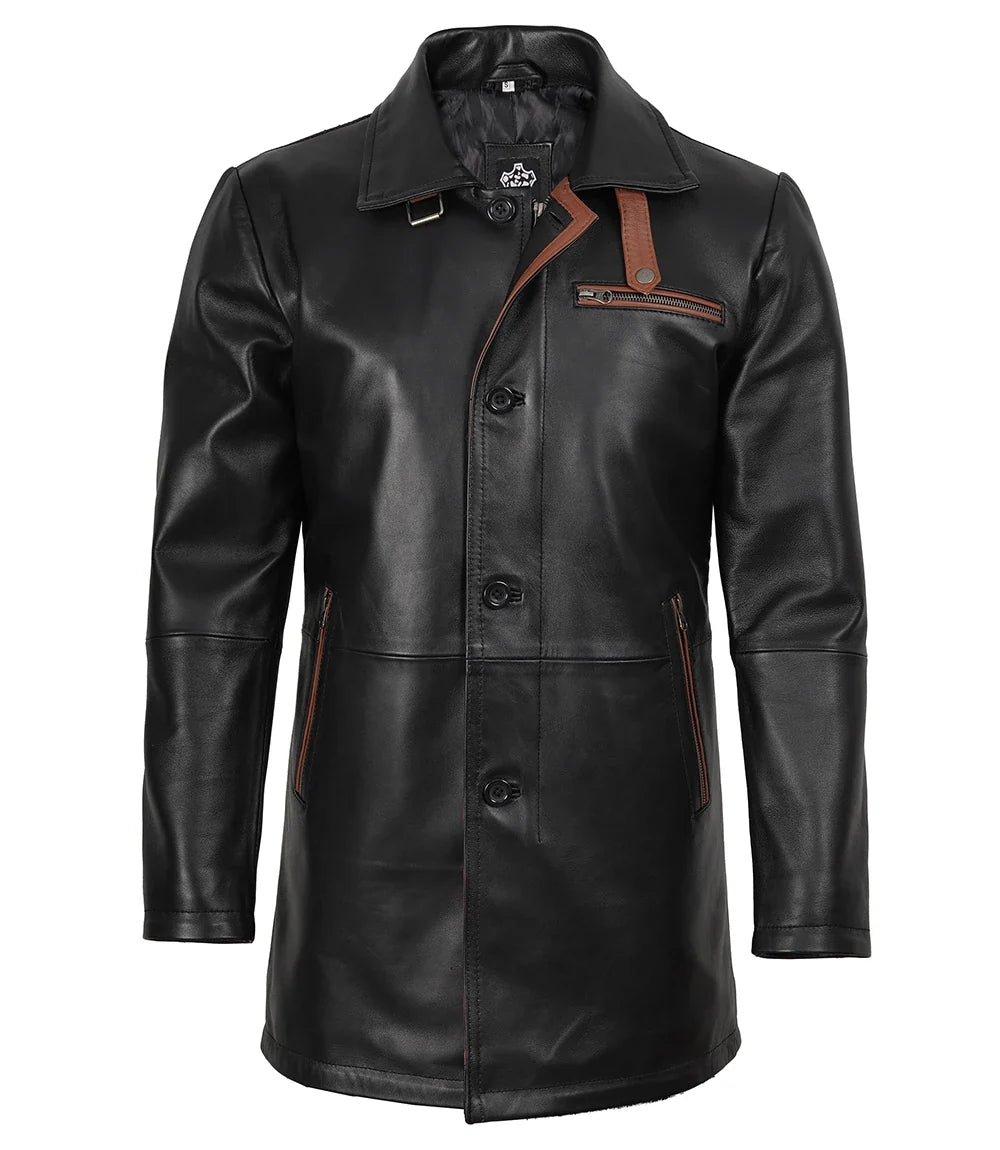 Men's black leather coat with brown trim, collar detail
