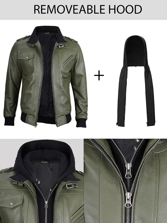 Men’s Military Green Leather Bomber Jacket with Removable Hood – Detail & Design | NSM Jackets