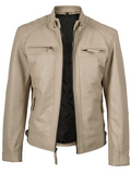 Sahara Men's Beige Cafe Racer Leather Jacket - Front Open View