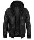 Men’s Black Bomber Leather Jacket with Removable Hood – Front View | NSM Jackets