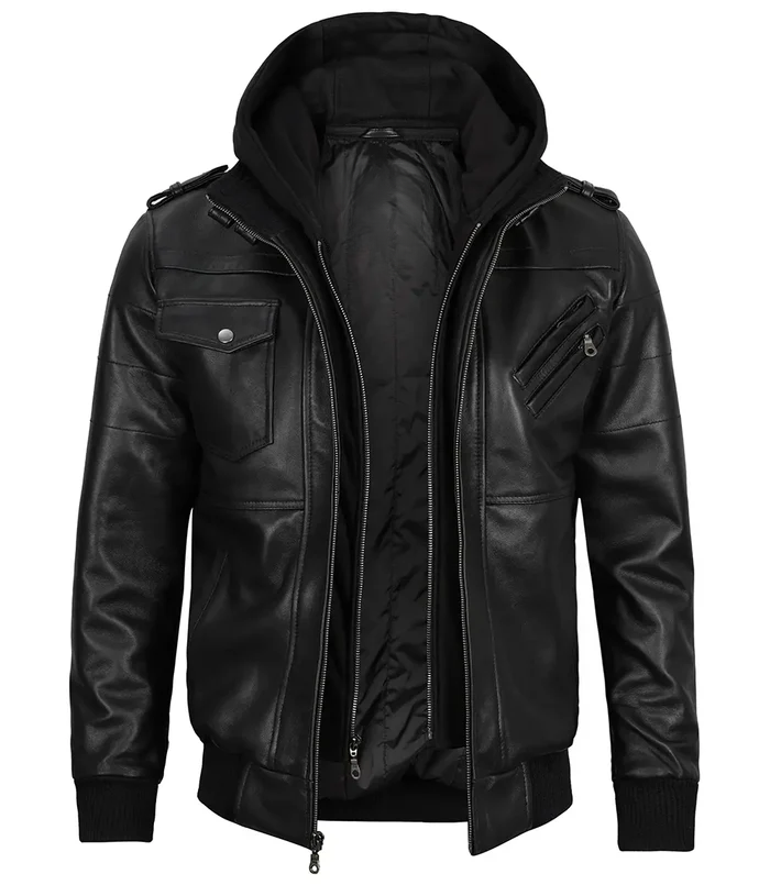 Men’s Black Bomber Leather Jacket with Removable Hood – Front View | NSM Jackets