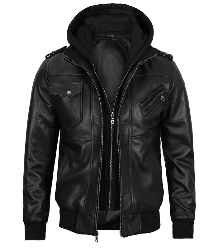 Men’s Black Bomber Leather Jacket with Removable Hood – Front View | NSM Jackets