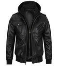 Men’s Black Bomber Leather Jacket with Removable Hood – Front View | NSM Jackets