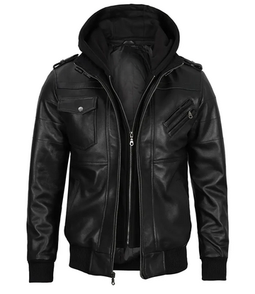 Men’s Black Bomber Leather Jacket with Removable Hood – Front View | NSM Jackets