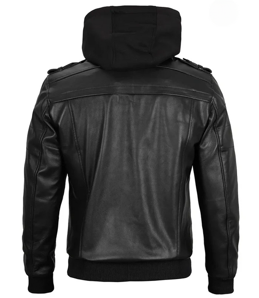 Storm Men's Black Hooded Bomber Leather Jacket - Side View