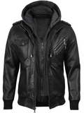 Men’s Black Bomber Real Leather Jacket with Removable Hood – Front Open View | NSM Jackets