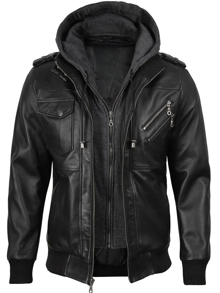 Men’s Black Bomber Real Leather Jacket with Removable Hood – Front Open View | NSM Jackets