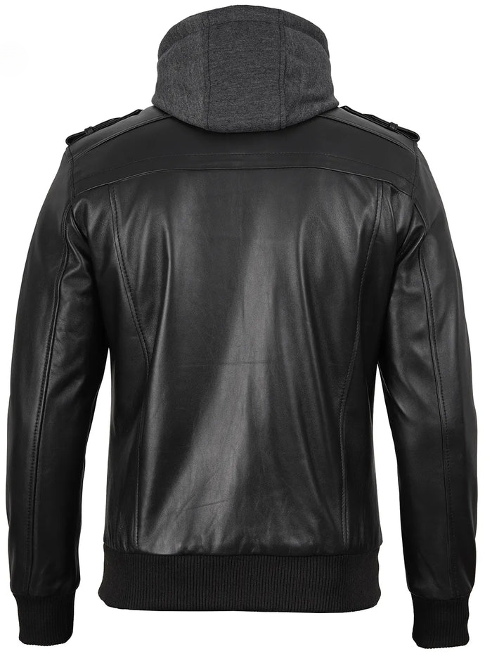 Titan Men's Black Hooded Leather Bomber Jacket - Hood Detail View