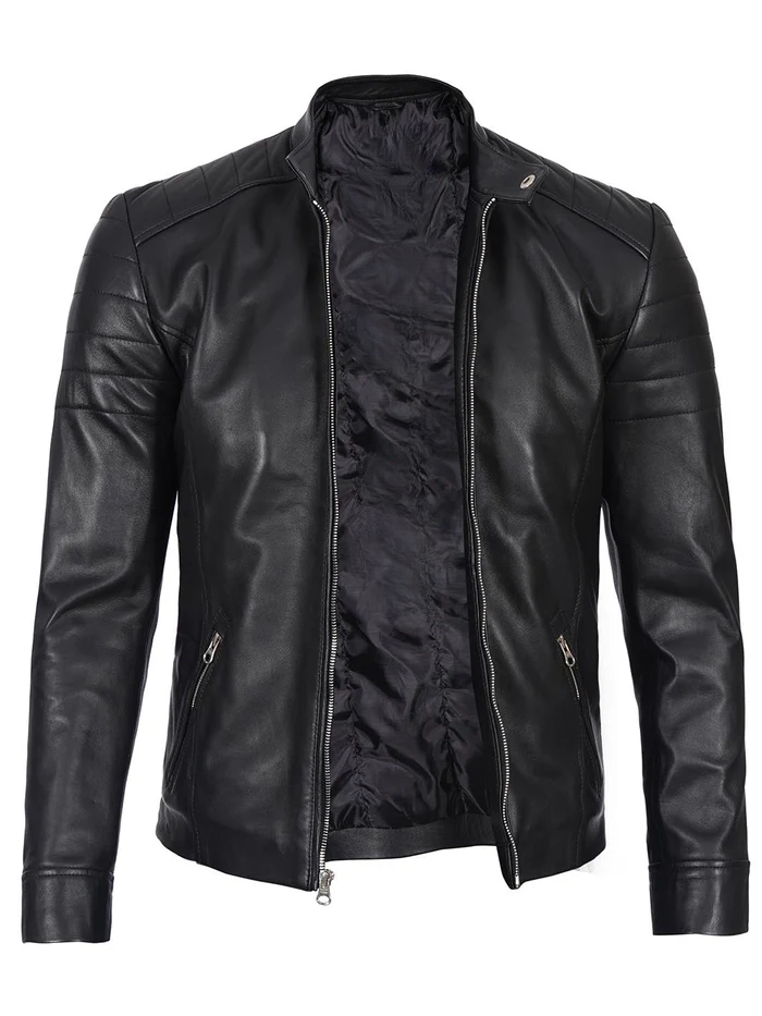 Men’s Black Leather Café Racer Jacket – Front Open View | NSM Jackets