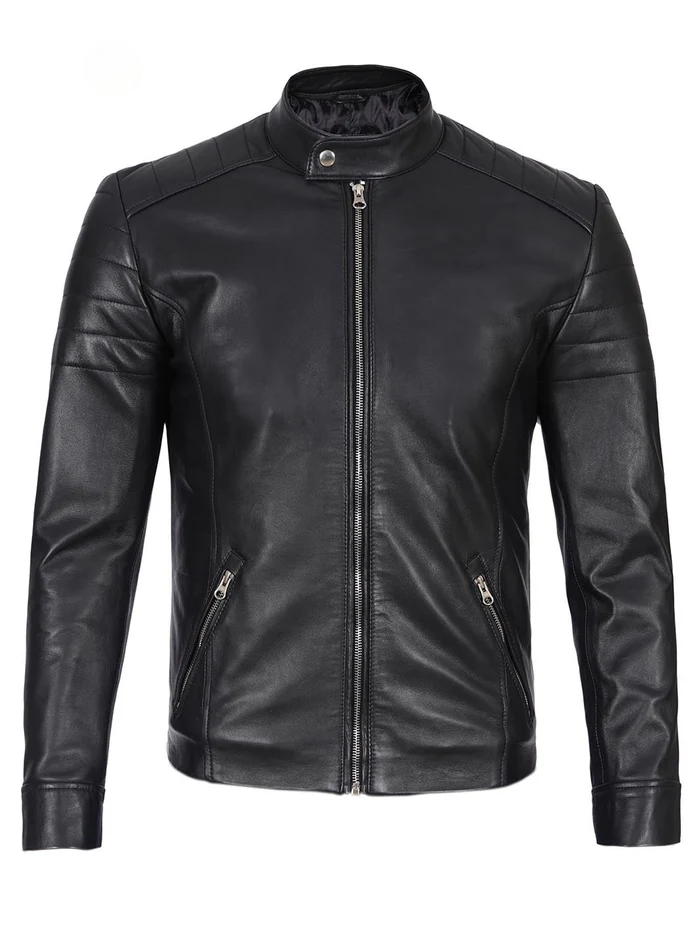 Men’s Black Café Racer Real Leather Jacket – Front View | NSM Jackets