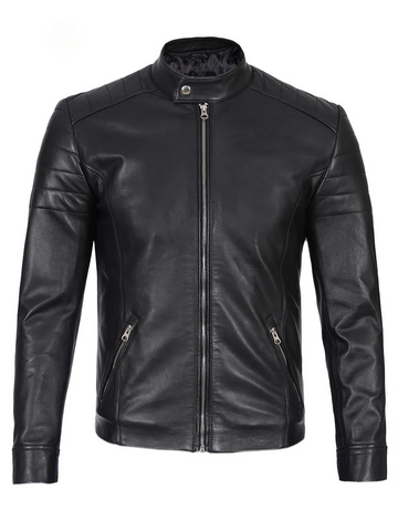 Men’s Black Café Racer Real Leather Jacket – Front View | NSM Jackets