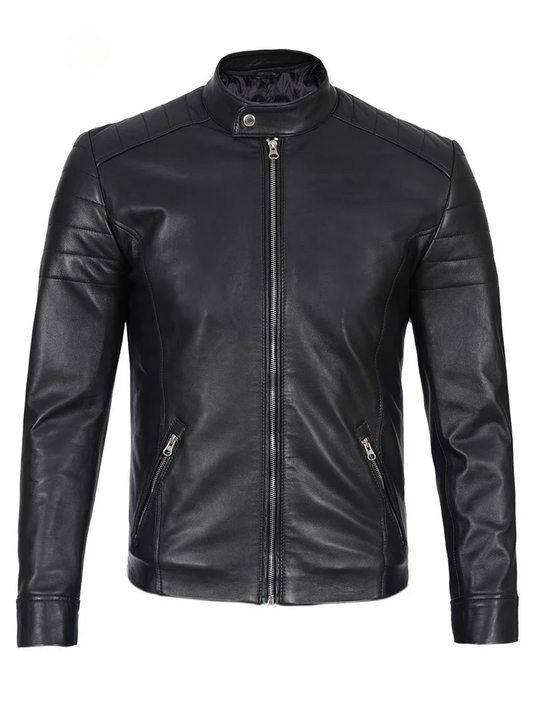 Nero Men's Black Cafe Racer Leather Jacket - Front View