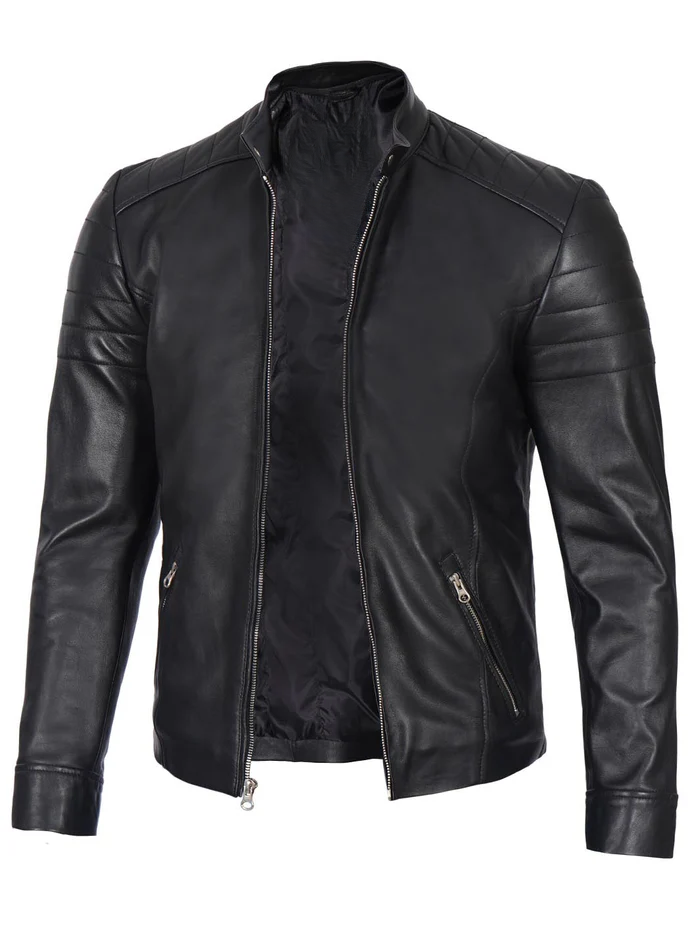 Men’s Black Real Leather Café Racer Jacket – Zipper Close-Up | NSM Jackets