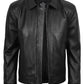 Men's black leather jacket with shirt collar style, front detail