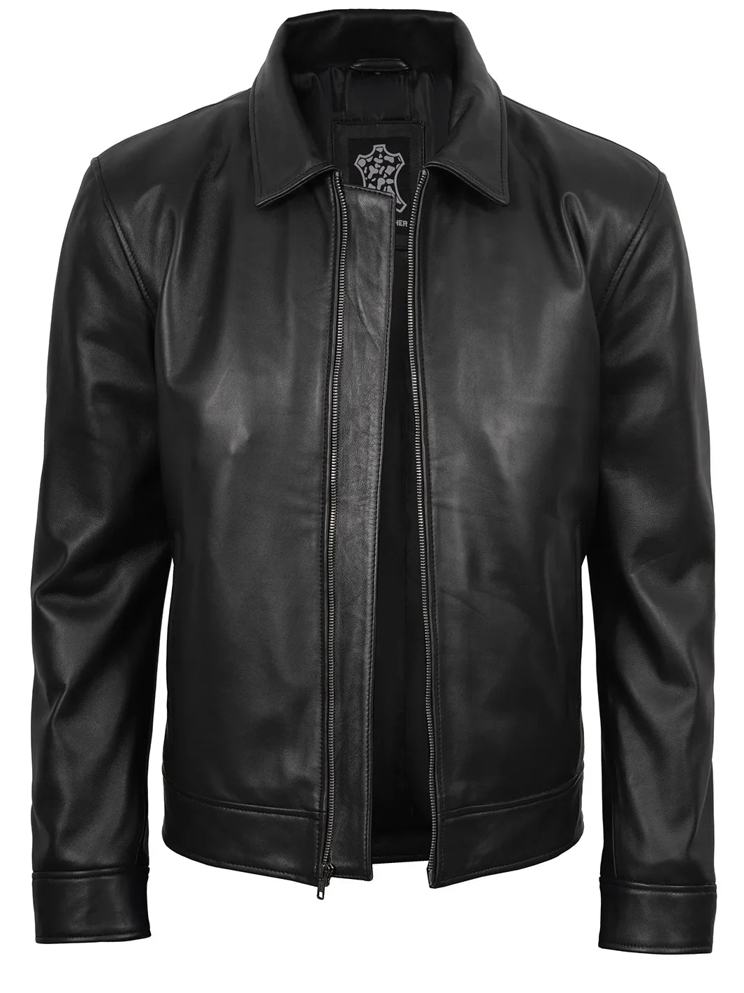 Men's black leather jacket with shirt collar style, front detail