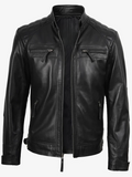 Men’s Black Quilted Café Racer Leather Jacket – Front View | NSM Jackets