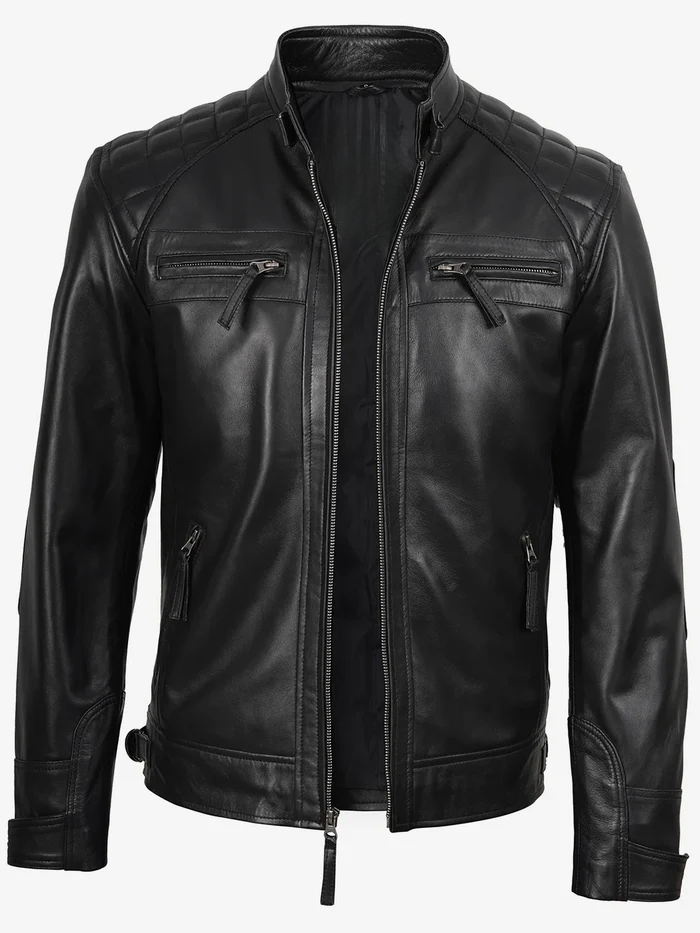 Men’s Black Quilted Café Racer Leather Jacket – Front View | NSM Jackets