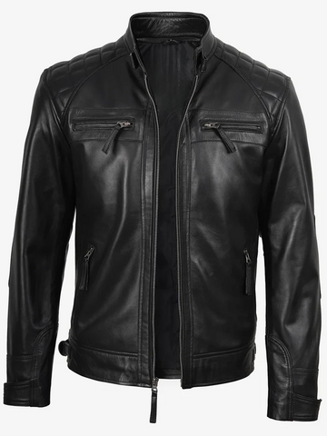 Men’s Black Quilted Café Racer Leather Jacket – Front View | NSM Jackets