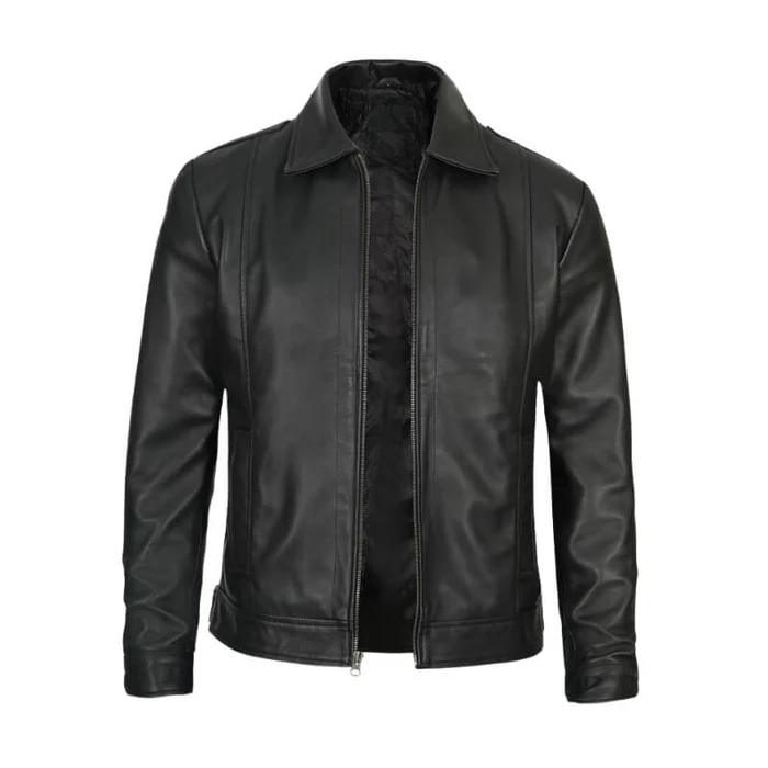 Men’s Black Real Leather Harrington Jacket – Front View | NSM Jackets