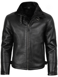 Men’s Black Shearling Leather Bomber Jacket with Fur Collar – Closed View | NSM Jackets