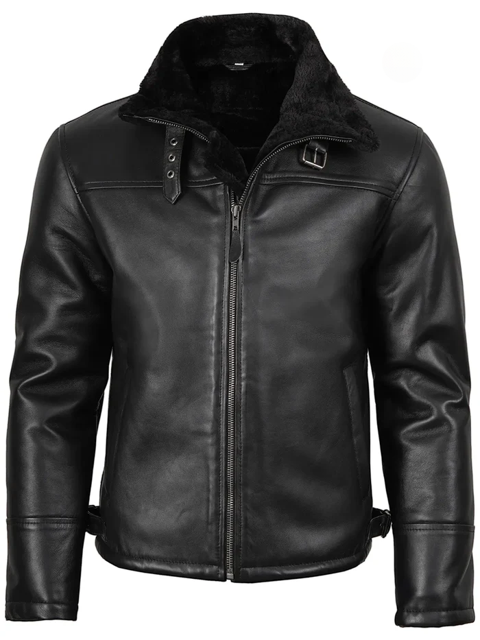 Men’s Black Shearling Leather Bomber Jacket with Fur Collar – Closed View | NSM Jackets