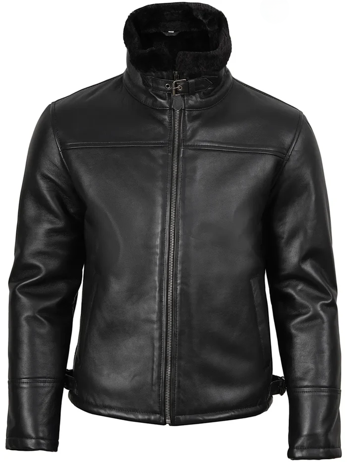 Men’s Black Shearling Leather Bomber Jacket – Front View | NSM Jackets
