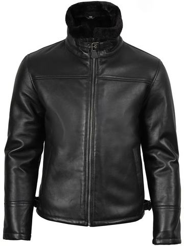 Men’s Black Shearling Leather Bomber Jacket – Front View | NSM Jackets