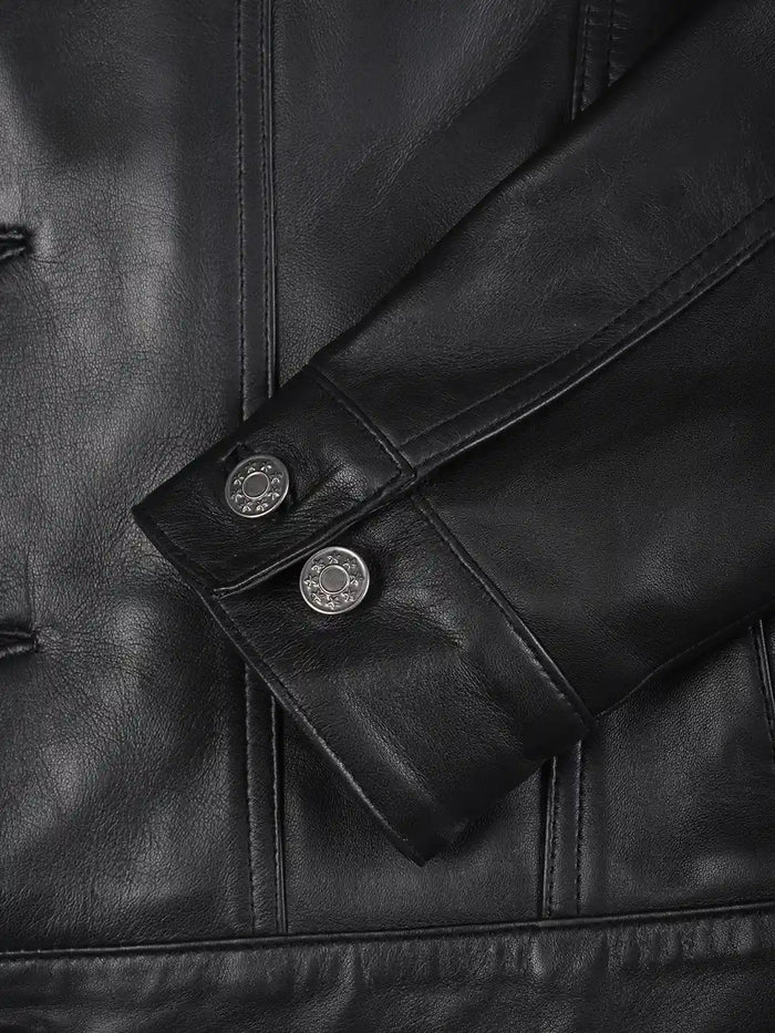 Close-up of Buttons and Stitch Detailing – Fernando Black Trucker Leather Jacket | NSM Jackets