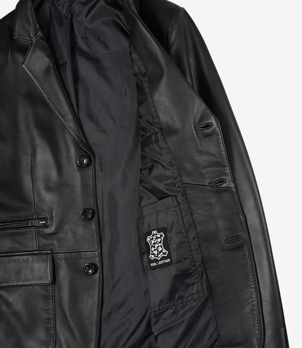 Earl leather blazer black, zip chest pocket and lapel detail