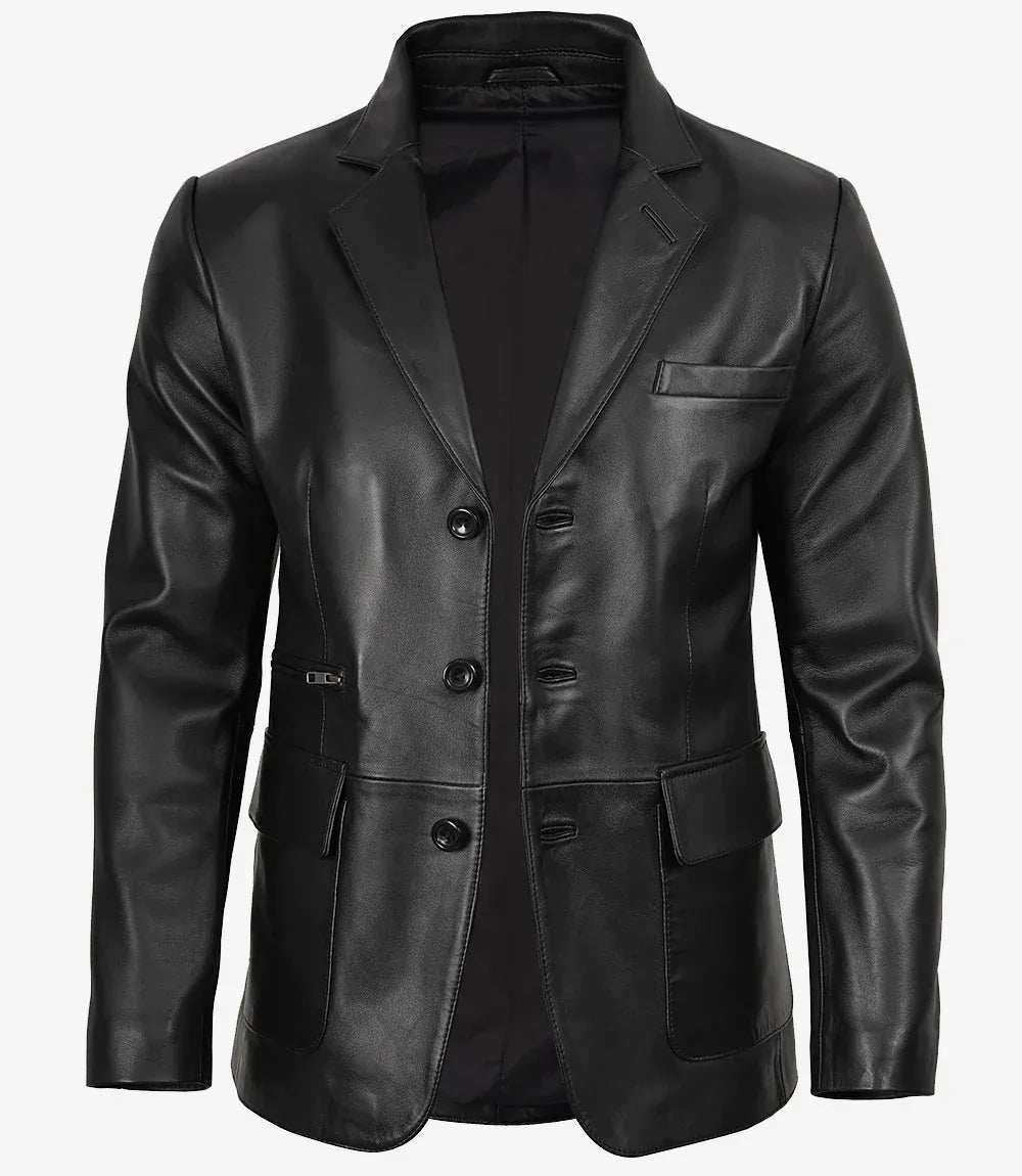 Earl black three-button leather blazer for men, tailored fit