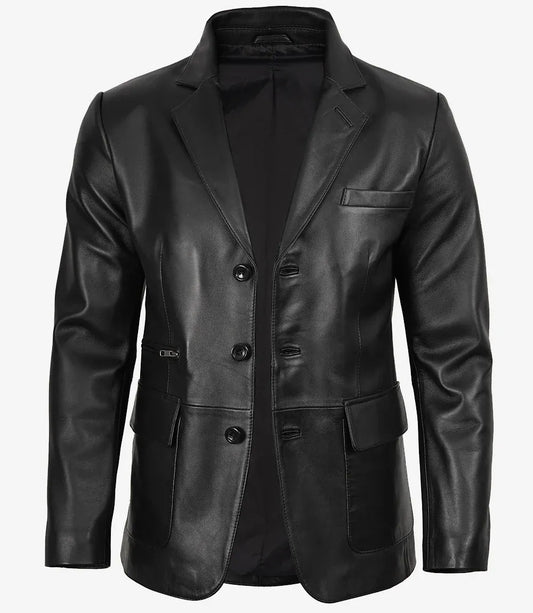 Earl black three-button leather blazer for men, tailored fit