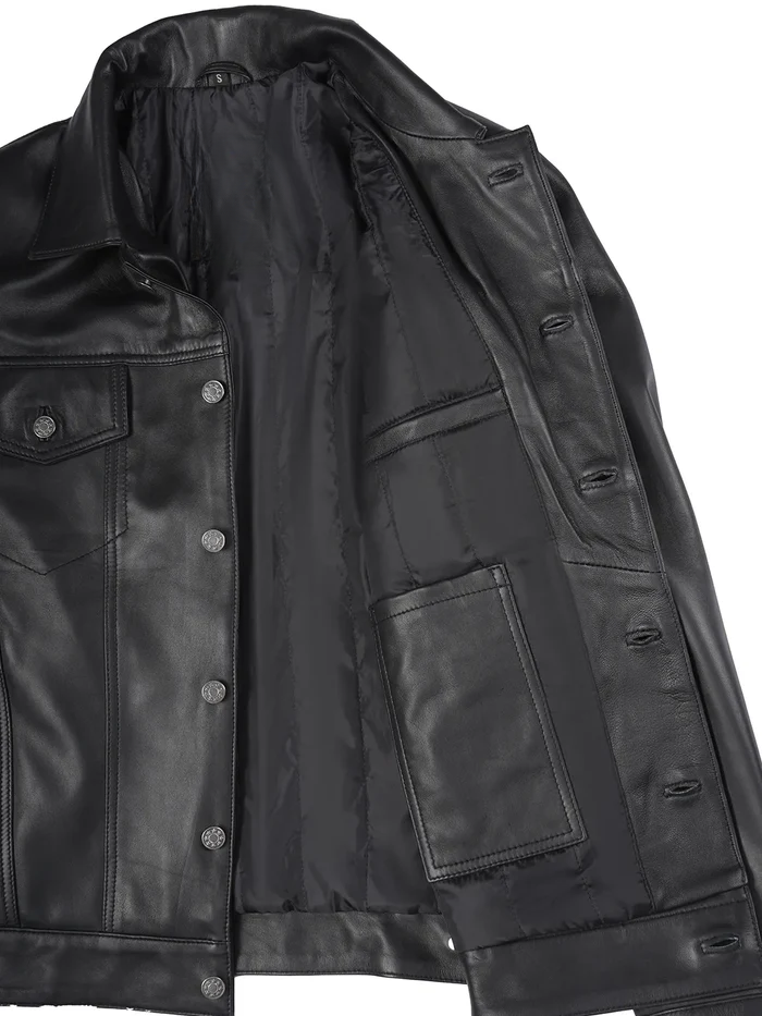 Fernando Men's Black Leather Trucker Jacket - Features View