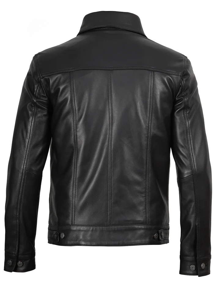 Fernando Men’s Black Trucker Leather Jacket – Back View | NSM Jackets