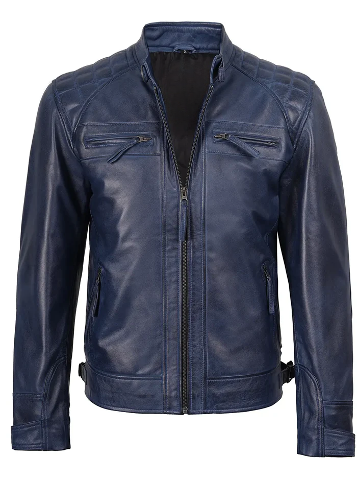 Men’s Blue Café Racer Leather Jacket – Front View | NSM Jackets