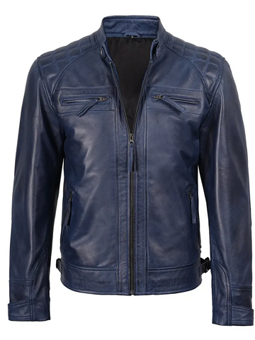 Men’s Blue Café Racer Leather Jacket – Front View | NSM Jackets