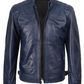 Navy Men's Blue Waxed Biker Leather Jacket - Side View