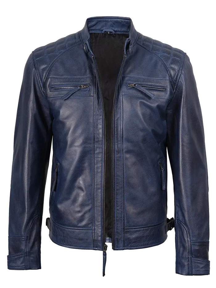Navy Men's Blue Waxed Biker Leather Jacket - Side View