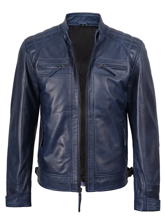 Navy Men's Blue Waxed Biker Leather Jacket - Side View
