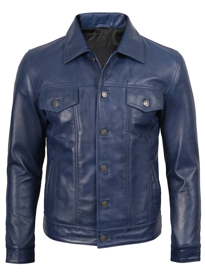 Men’s Blue Real Leather Trucker Jacket – Front View | NSM Jackets
