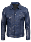 Men’s Blue Real Leather Trucker Jacket – Front View | NSM Jackets