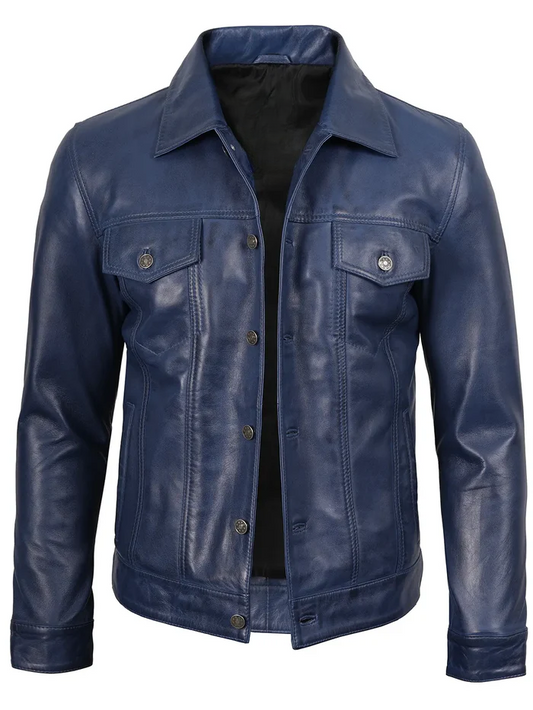 Fernando Men's Blue Leather Trucker Jacket - Front View