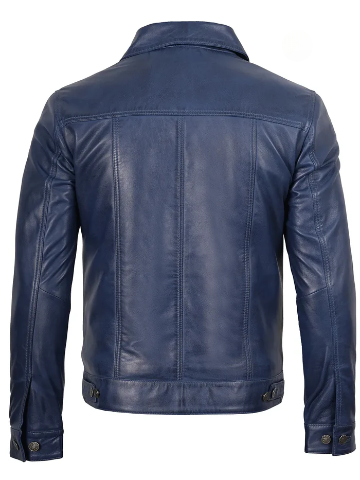Fernando Men's Blue Leather Trucker Jacket - Side View