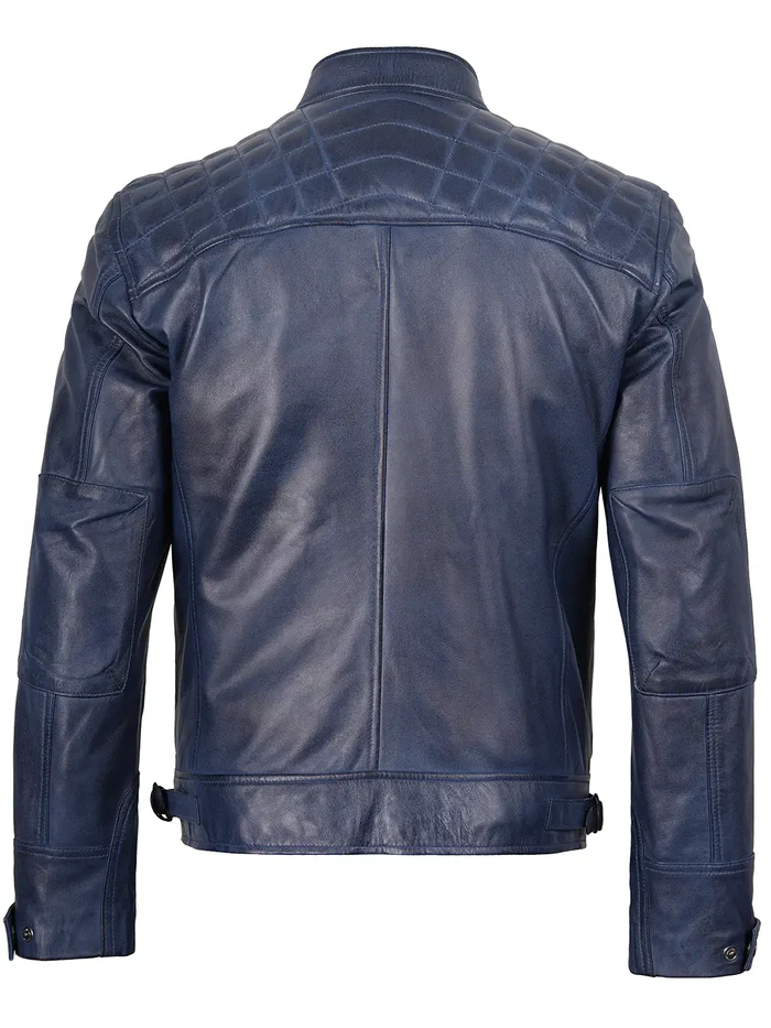 Navy Men's Blue Waxed Biker Leather Jacket - Front View