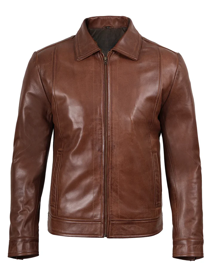 Men’s Brown Real Leather Harrington Jacket – Front View | NSM Jackets