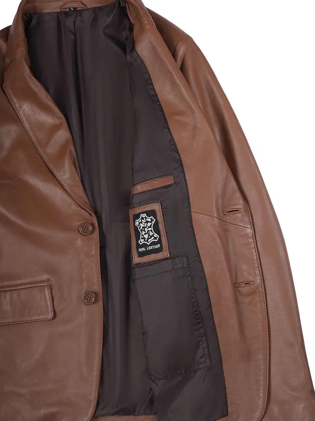 Men's brown leather blazer, full front view