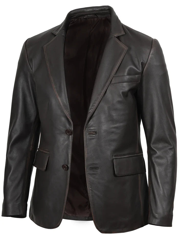 Men’s Rub-Off Brown Leather Blazer – Classic Fit