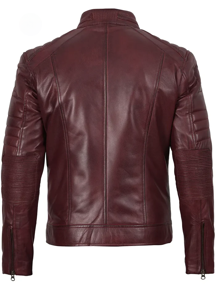 Merlot Men's Maroon Cafe Racer Leather Jacket - Front Open View
