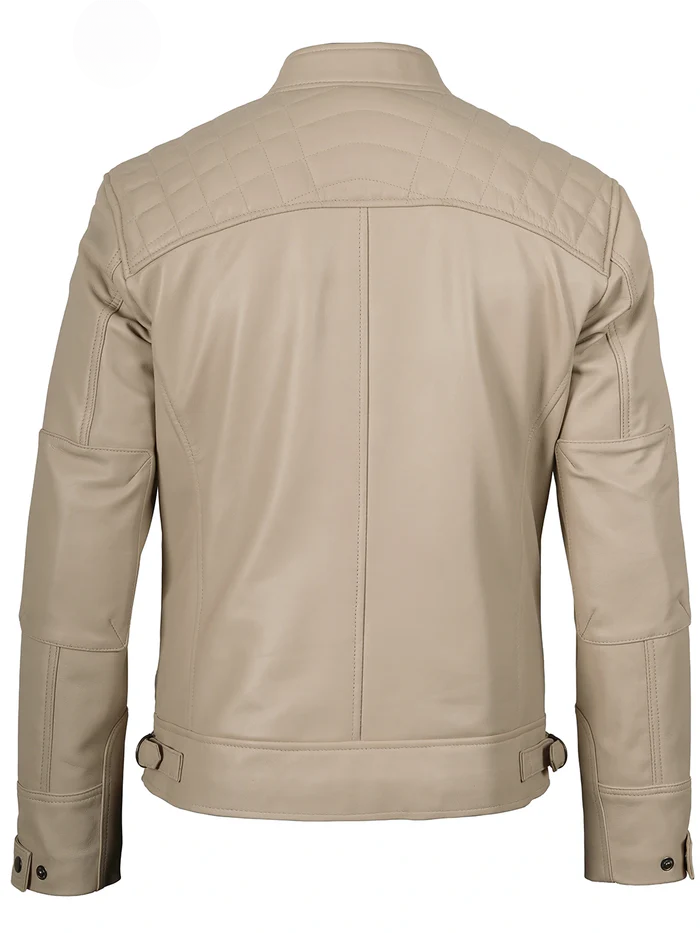 Men’s Beige Café Racer Leather Jacket – Front View | NSM Jackets