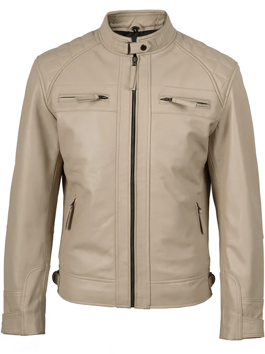 Sahara Men's Beige Cafe Racer Leather Jacket - Front View